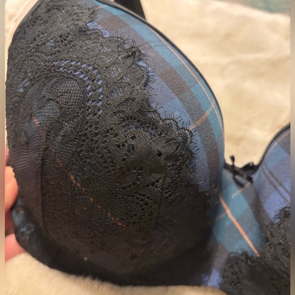 Cacique Other - Cacique 42D Plaid Lace Bra – Blue/Green Tartan with Black Lace Overlay